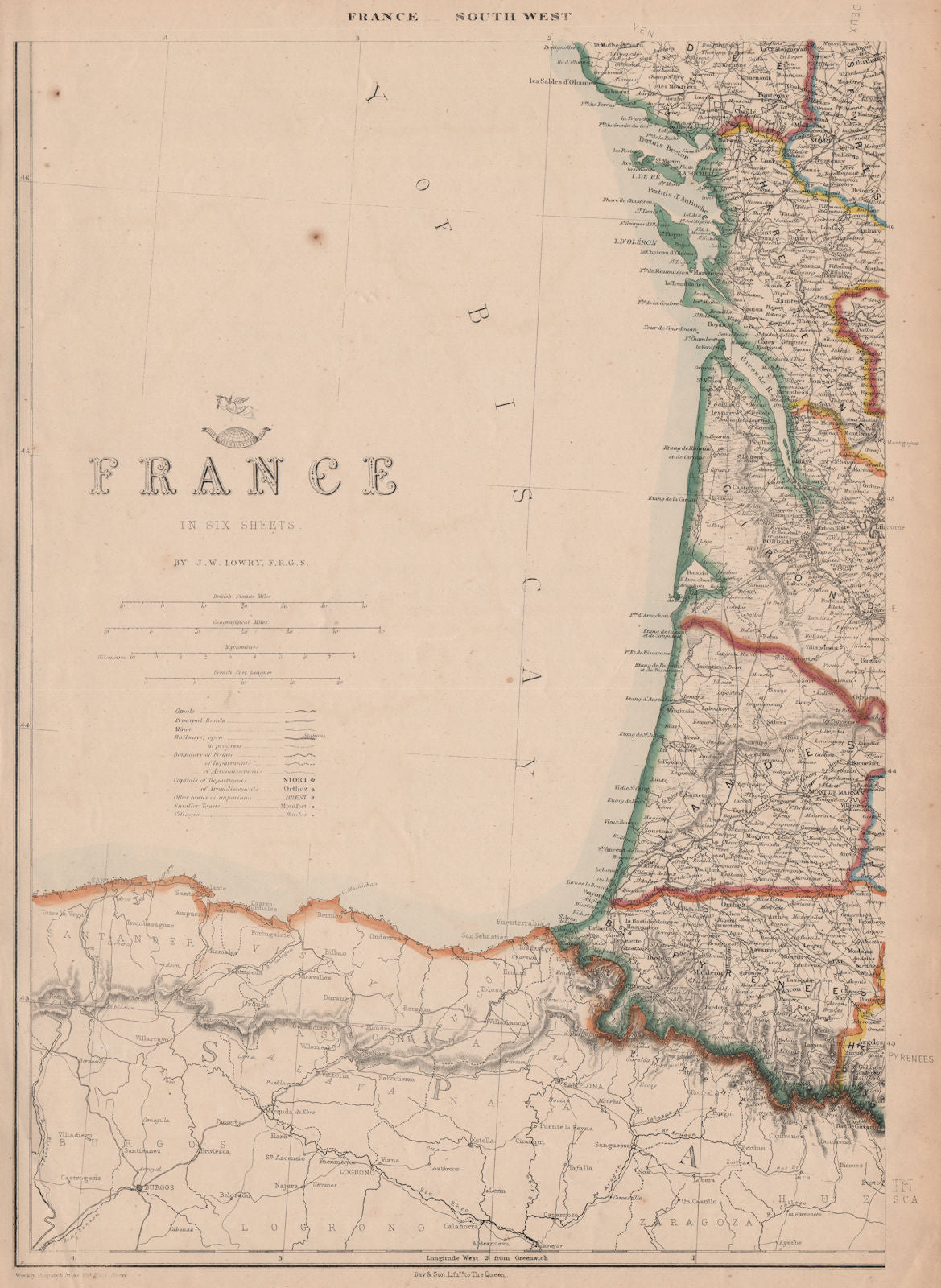 FRANCE SOUTH WEST COAST. Charente Vendee Gironde Landes Pyrenees.LOWRY 1862 map